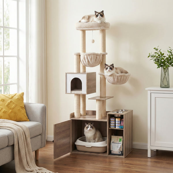 Katzenbaum mit Katzentoilette und Fressstation 155 cm braun