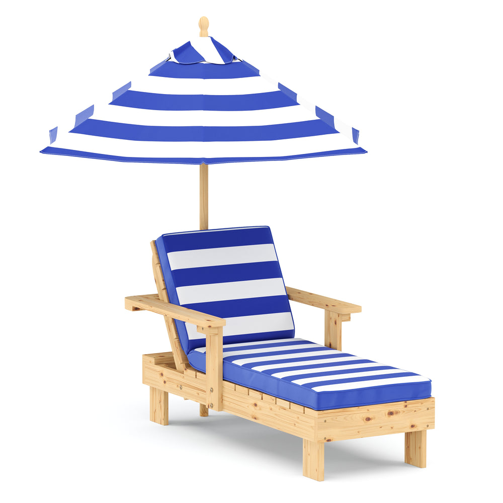Sedia a sdraio in legno per bambini con ombrellone bianco/blu