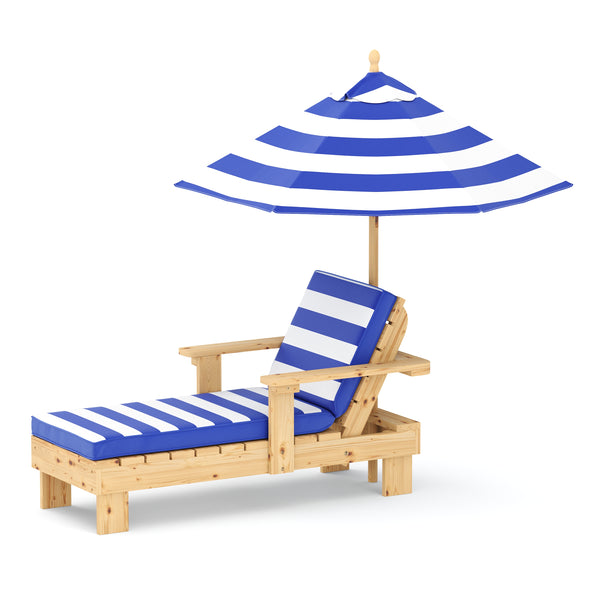 Kinderliegestuhl Holz mit Schirm weiss/blau
