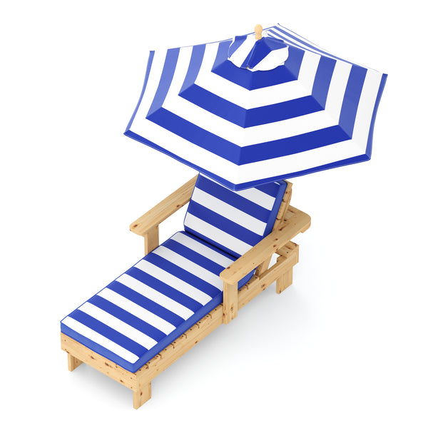 Kinderliegestuhl Holz mit Schirm weiss/blau