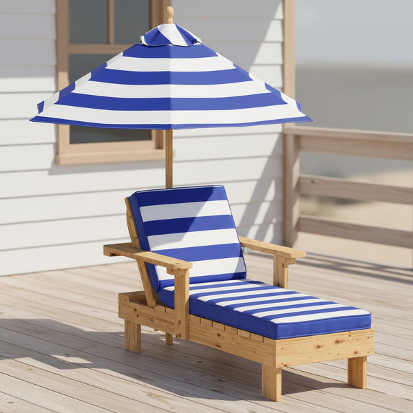 Kinderliegestuhl Holz mit Schirm weiss/blau