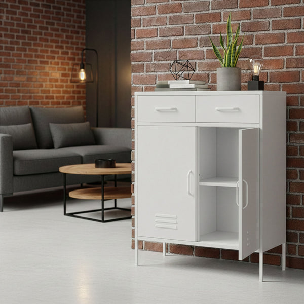 Kommode Metall KLAUS 2 Schubladen 2 Türen 80 x 101 cm weiss