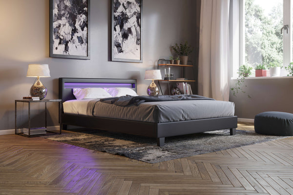 Lederbett LED LIGHTS 160 x 200 cm schwarz