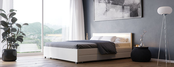 Lederbett LED TRANCE 180 x 200 cm weiss