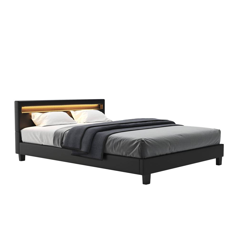 Leather bed with LED lights, 160 x 200 cm, black 