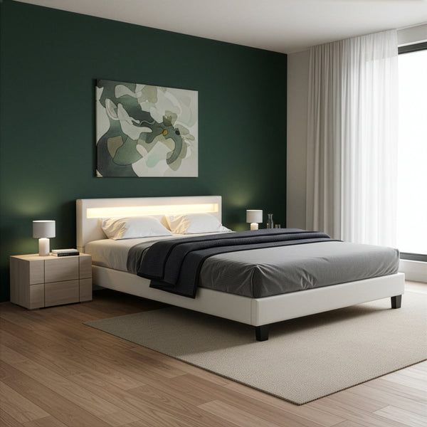Lederbett LED LIGHTS 160 x 200 cm weiss