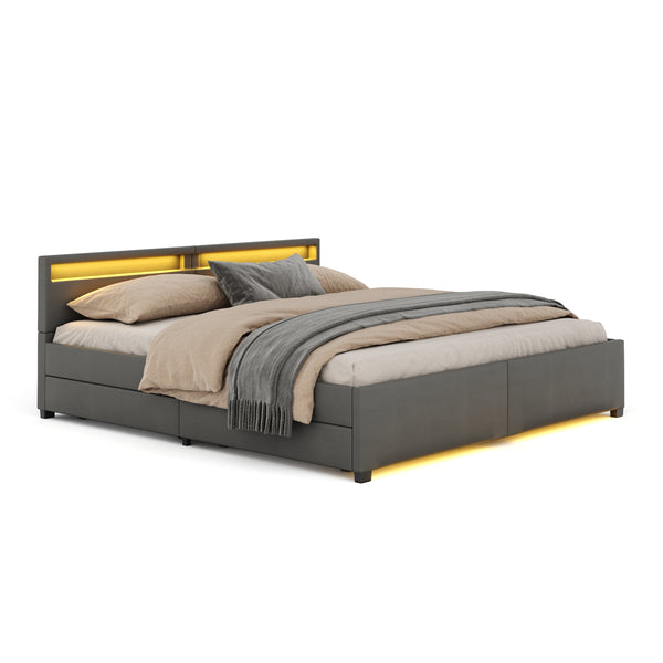 Lederbett LED LUNARA 200 x 200 cm anthrazit