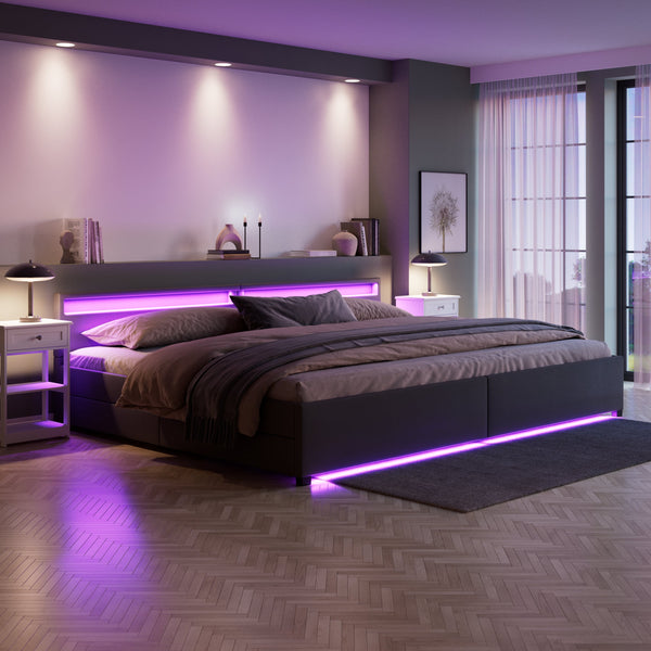 Lederbett LED LUNARA 280 x 200 cm anthrazit