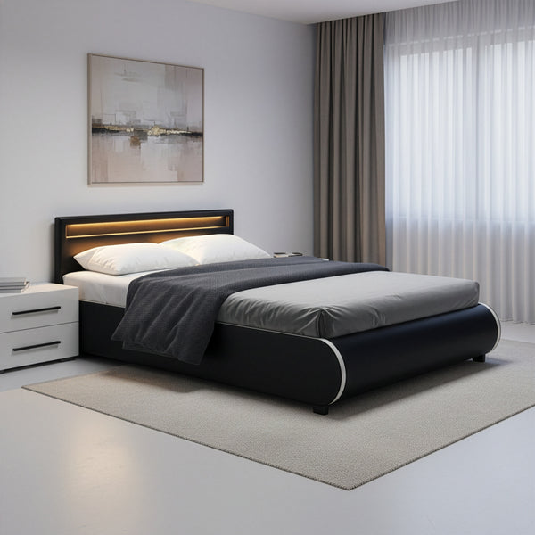 Lederbett LED SIESTA 140 x 200 cm schwarz