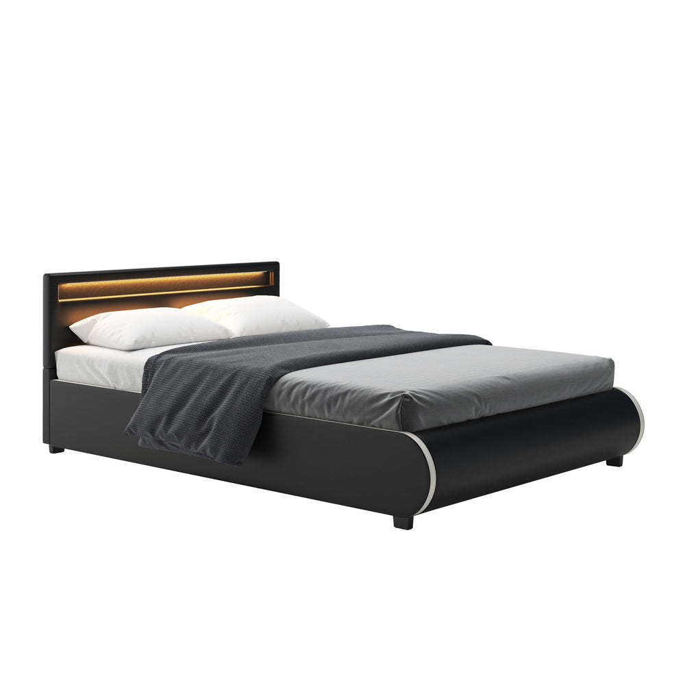 Leather bed LED SIESTA 140 x 200 cm black