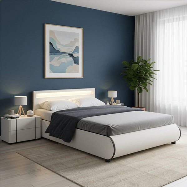Lederbett LED SIESTA 140 x 200 cm weiss
