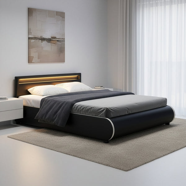 Lederbett LED SIESTA 160 x 200 cm schwarz