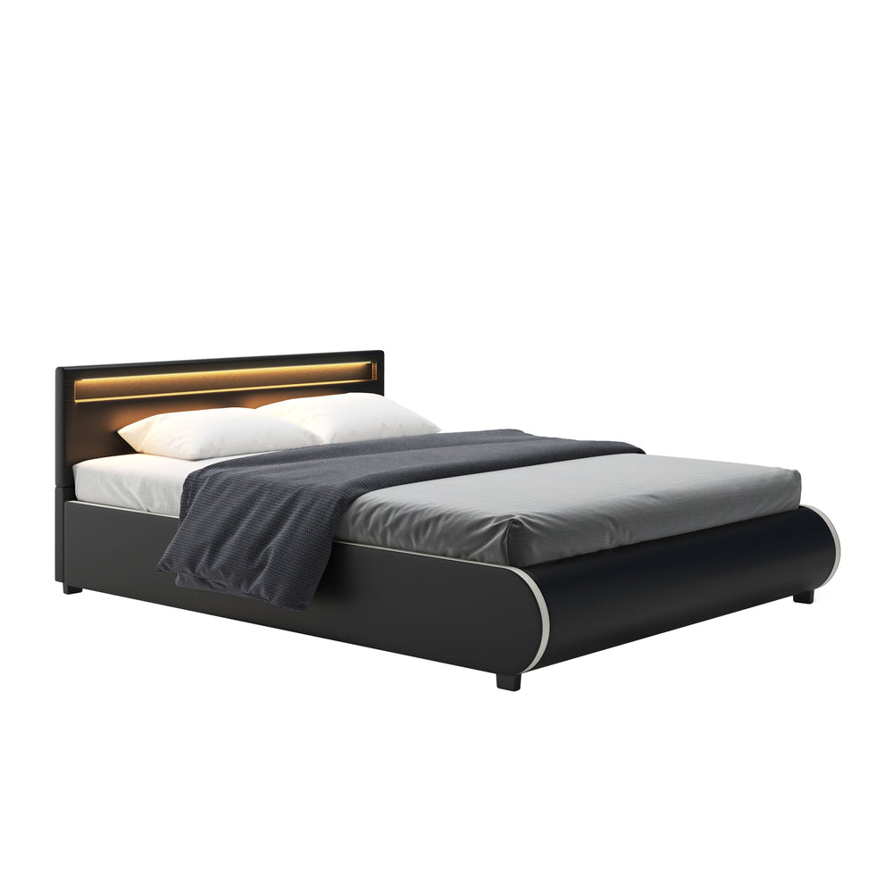 Leather bed LED SIESTA 160 x 200 cm black