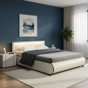 Lederbett LED SIESTA 160 x 200 cm weiss