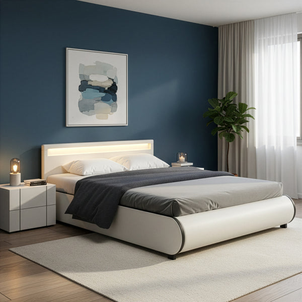Lederbett LED SIESTA 160 x 200 cm weiss