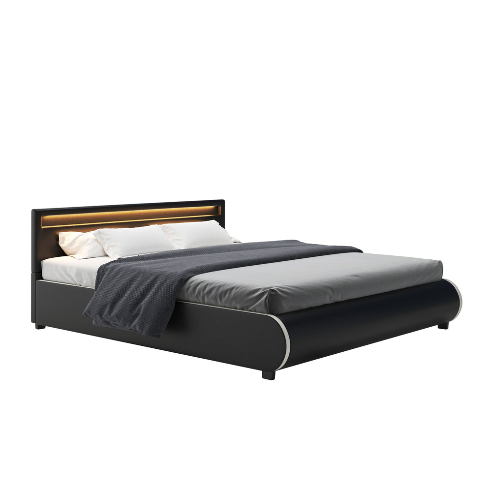 Leather bed LED SIESTA 180 x 200 cm black