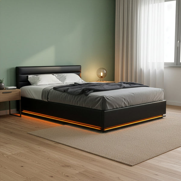 Lederbett LED STARDUST 140 x 200 cm schwarz