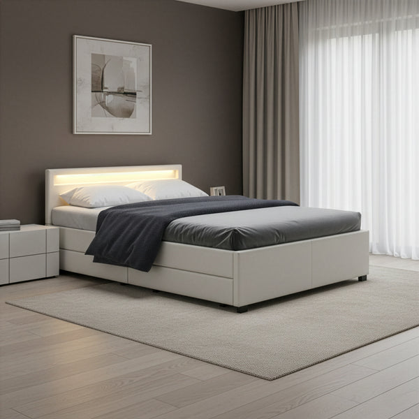 Lederbett LED TRANCE 140 x 200 cm weiss