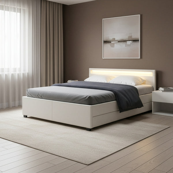 Lederbett LED TRANCE 160 x 200 cm weiss