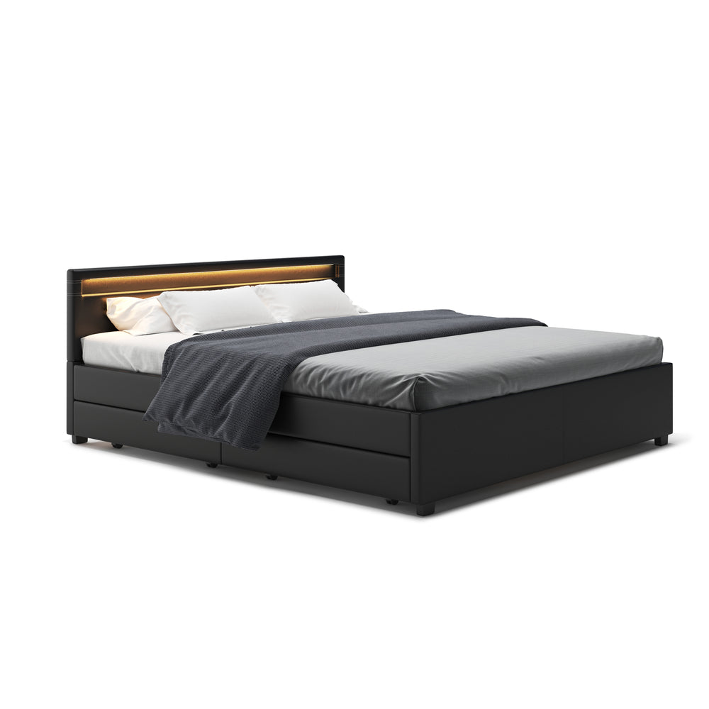 Leather bed LED TRANCE 180 x 200 cm black