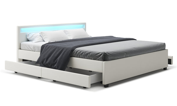 Lederbett LED TRANCE 180 x 200 cm weiss