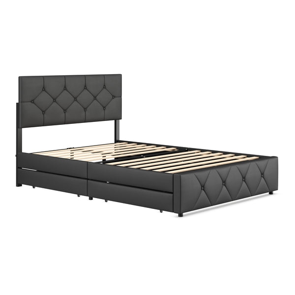 Lederbett RESTORA mit 4 Schubladen 140 x 200 cm schwarz