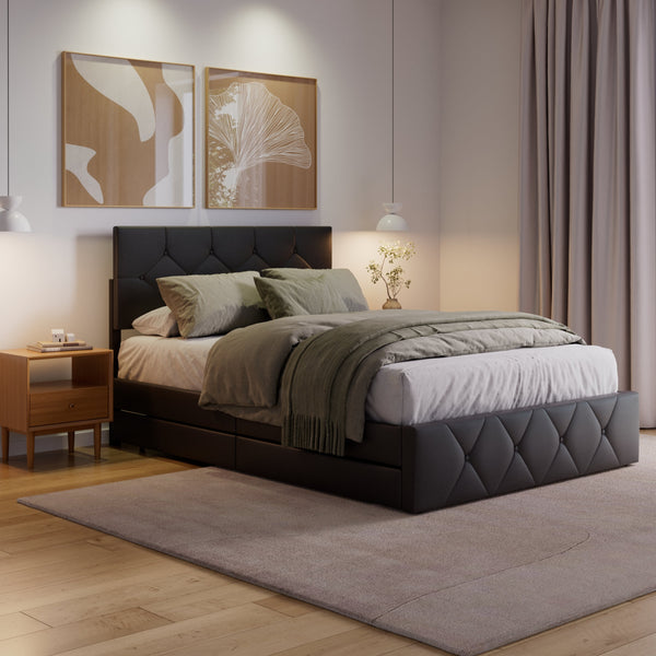 Lederbett RESTORA mit 4 Schubladen 140 x 200 cm schwarz