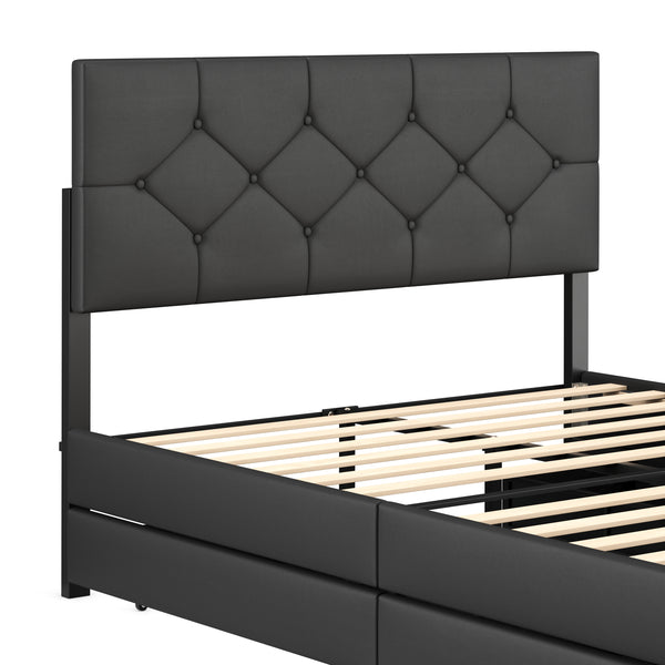 Lederbett RESTORA mit 4 Schubladen 140 x 200 cm schwarz