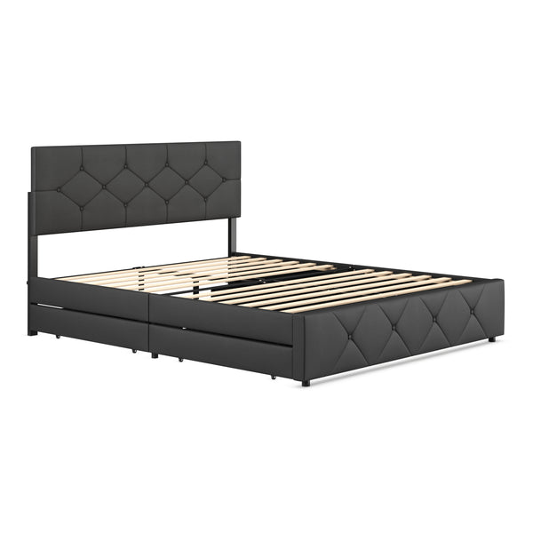 Lederbett RESTORA mit 4 Schubladen 160 x 200 cm schwarz