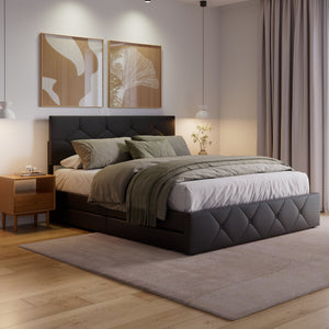 Lederbett RESTORA mit 4 Schubladen 160 x 200 cm schwarz