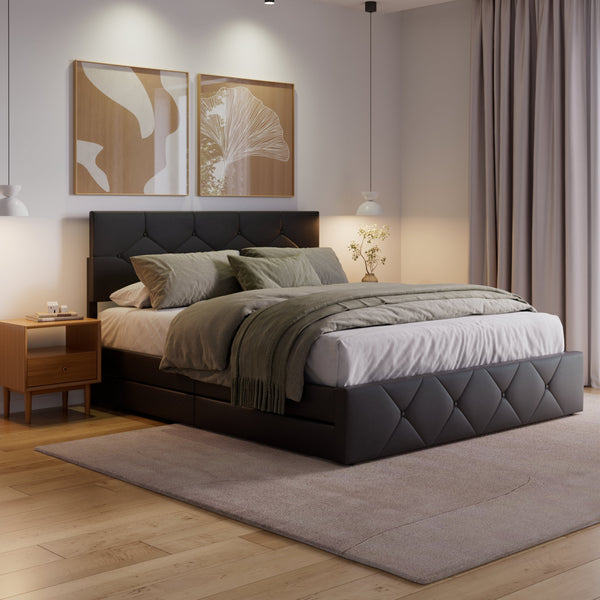 Lederbett RESTORA mit 4 Schubladen 160 x 200 cm schwarz