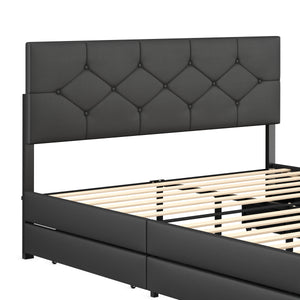 Lederbett RESTORA mit 4 Schubladen 160 x 200 cm schwarz