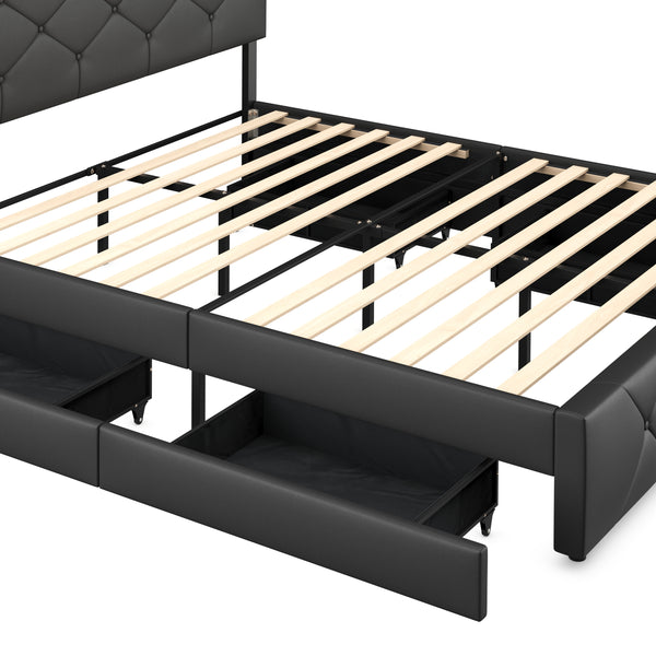 Lederbett RESTORA mit 4 Schubladen 160 x 200 cm schwarz