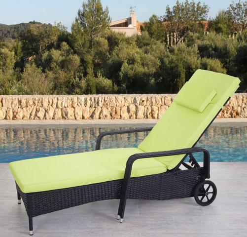 Liegestuhl Carrara Gartenliege Rattan mit Räder Anthrazit Kissen hellgrün