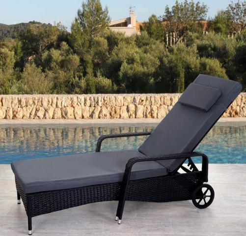 Liegestuhl Carrara Gartenliege Rattan mit Räder Anthrazit Kissen grau
