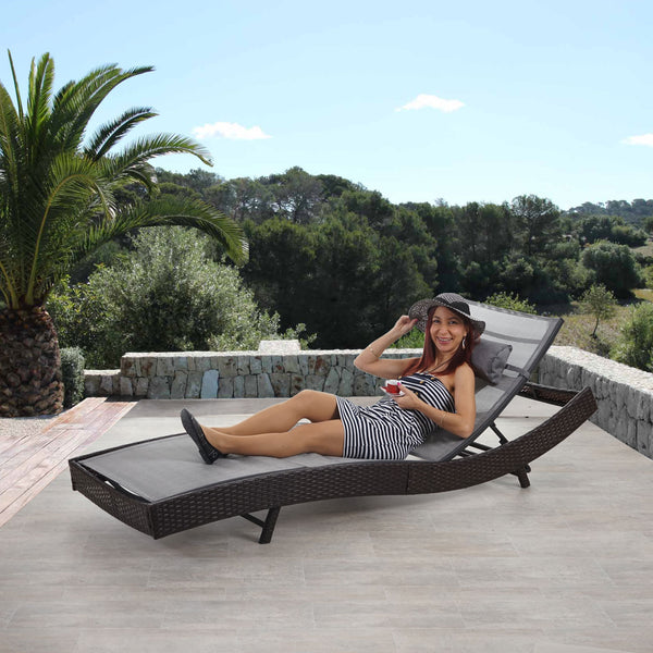 Liegestuhl Rattan Savannah ~ braun-meliert Bezug grau