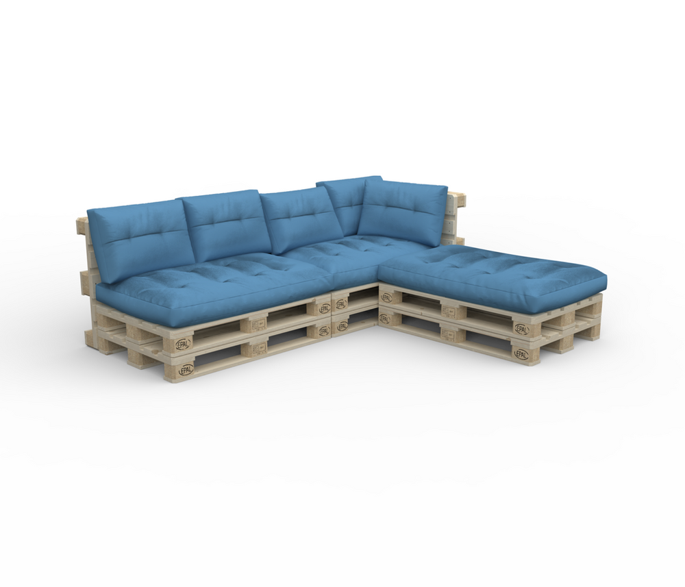 Divano in pallet TENERO con cuscini turchesi