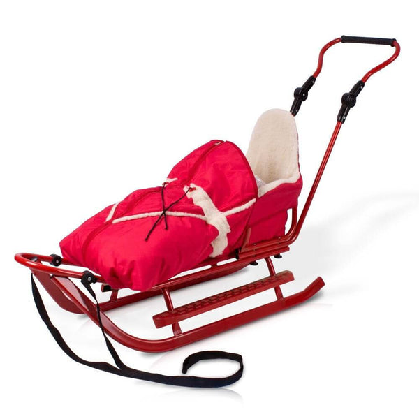 Metall-Schlitten mit Winterfusssack rot