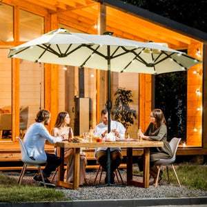 Doppelschirm, Terrassenschirm, neigbar, mit Solarpaneel, 35 LEDs, Stahlrahmen, beige