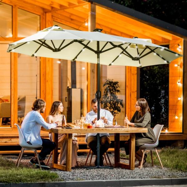 Doppelschirm, Terrassenschirm, neigbar, mit Solarpaneel, 35 LEDs, Stahlrahmen, beige