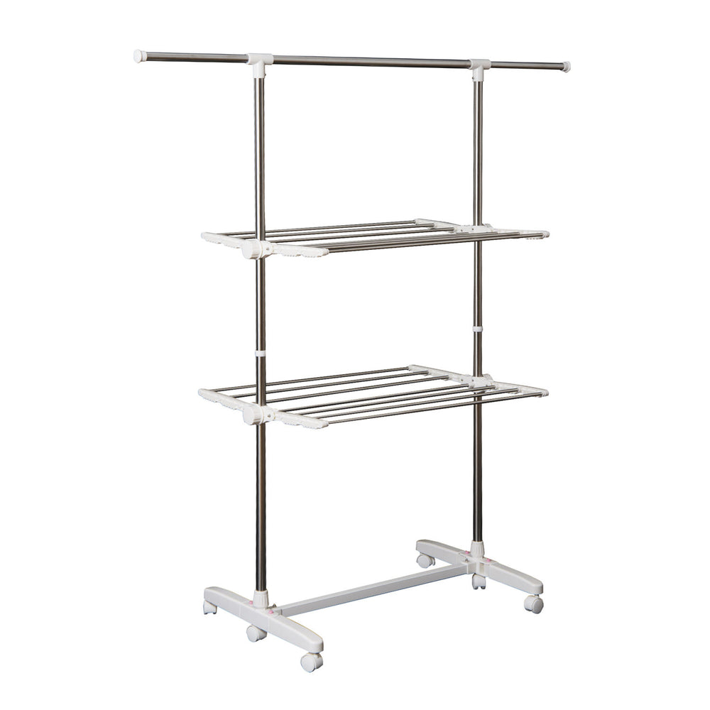 Mobile, foldable clothes drying rack with 2 levels