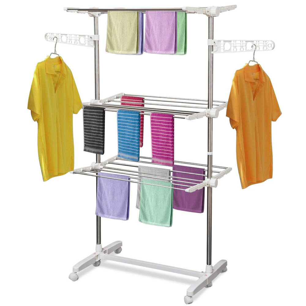Mobile, foldable clothes drying rack with 3 levels