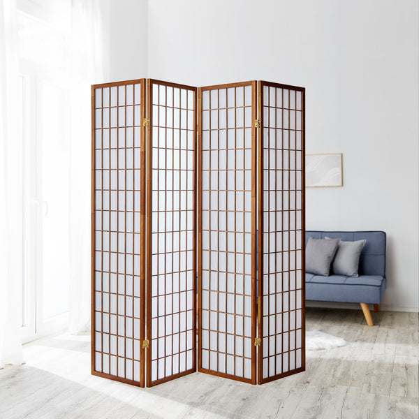 Paravent pliant, 4 panneaux, style Shoji en bois, marron