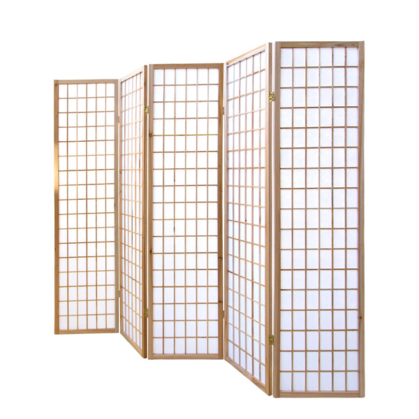 Paravent pliant à 5 panneaux, style Shoji en bois, finition naturelle
