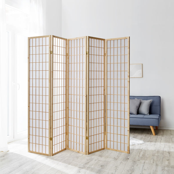 Paravent pliant à 5 panneaux, style Shoji en bois, finition naturelle