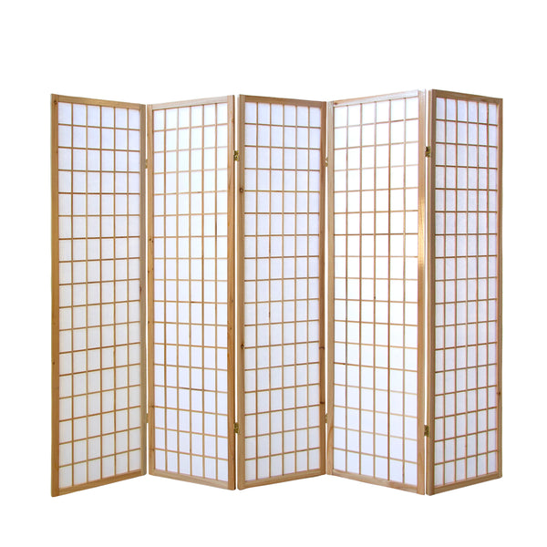 Paravent pliant à 5 panneaux, style Shoji en bois, finition naturelle