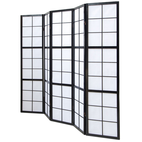 Paravent pliant de séparation de pièce, 5 panneaux, style Shoji en bois, noir