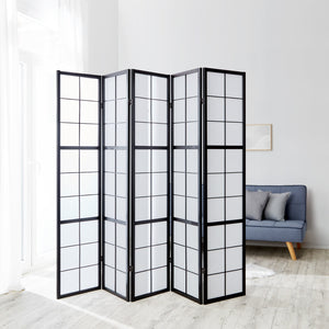 Paravent pliant de séparation de pièce, 5 panneaux, style Shoji en bois, noir