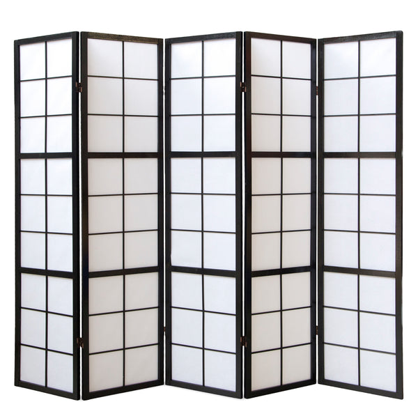 Paravent pliant de séparation de pièce, 5 panneaux, style Shoji en bois, noir