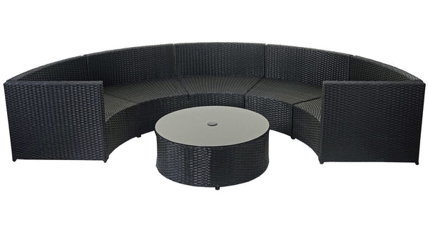 Poly-Rattan Garnitur rund, Sitzgruppe ~ schwarz, Polster dunkelgrau, Kissen terrakotta